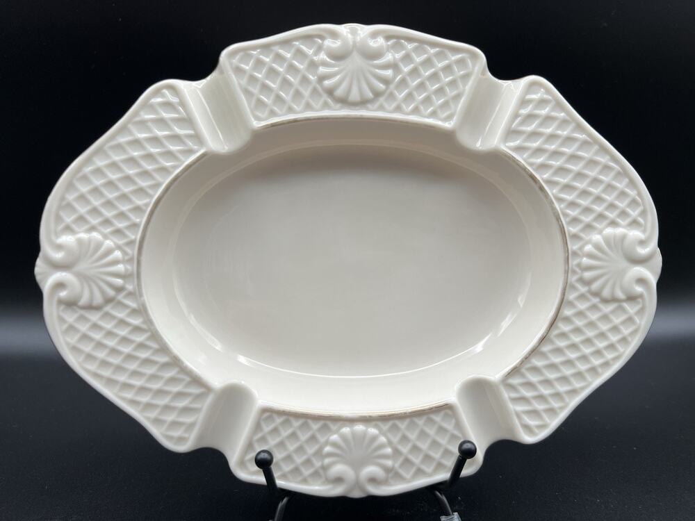 Lenox Seashell Ashtray 8” Aegean Pattern Oval Ivory 24K Gold Rim Vintage USA